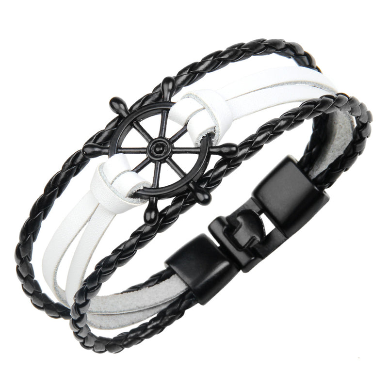 Punk Alloy Rudder Bracelet Cowhide Leather Bangle Wristband Men Jewelry