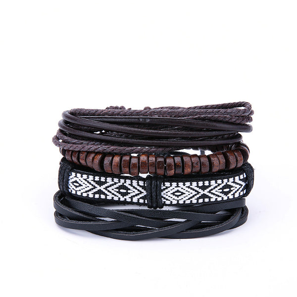 Vintage Men's Multilayer Leather Bracelets Boho Geometric Pattern Rock Wood Bead Bracelet for Men