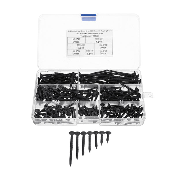 Suleve M3.5CP1 220Pcs/Set M3.5 Carbon Steel Flat Countersunk Head Cross Woodworking Screws Self Tapping Wood Screw Kit