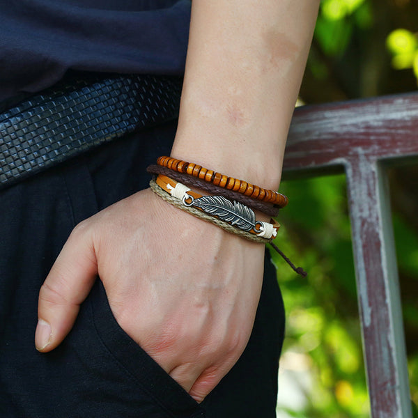 Vintage Leaf Pendant Leather Bracelet Wooden Beads Multi-layer Bracelets Ethnic Jewelry
