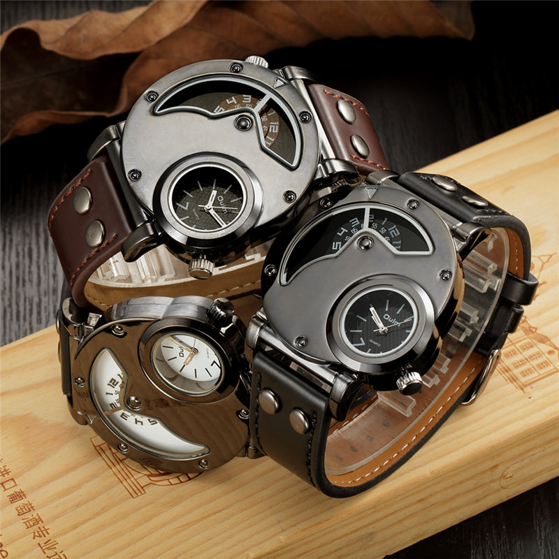 OULM 9591 Casual Style Creative Wrist Watch Dual Time Zones Leather Strap Quartz Watches
