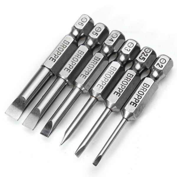 BROPPE 6Pcs 50mm Magnetic 2.0-6.0mm Flat Head Slotted Tip Screwdrivers Bits