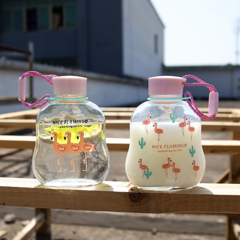 Portable Cup Lovely Flamingo Pattern Glass Cup Children Favorite Water Bottle Glass Cup