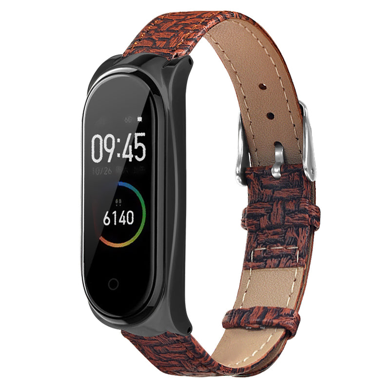 Metal Case Weave Texture Leather Watch Band Watch Strap Replacement for Xiaomi Miband 4