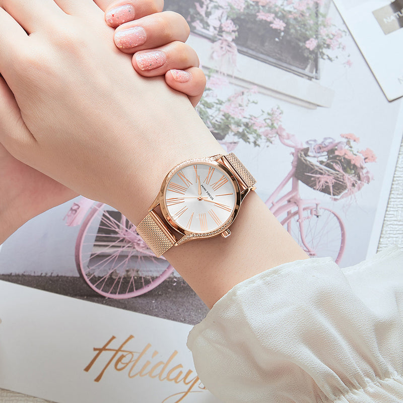 MINI FOCUS 0259L Casual Style Crystal Women Wrist Watch Stainless Steel Band Quartz Watch