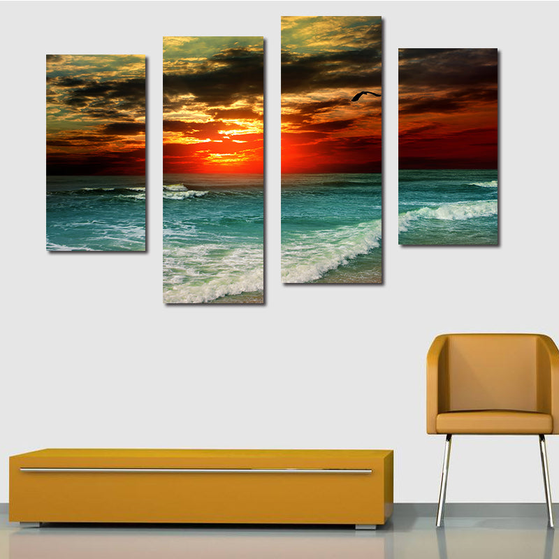 Miico Hand Painted Four Combination Decorative Paintings Beach Sunset Wall Art For Home Decoration