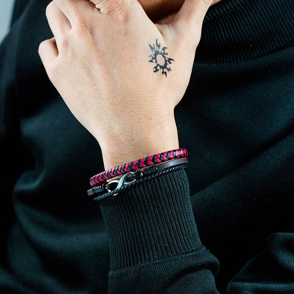 Leather Woven Titanium Steel Red And Black Color Leather Male Bracelet