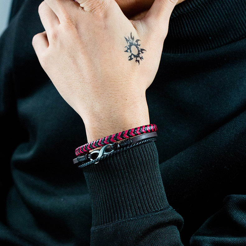 Leather Woven Titanium Steel Red And Black Color Leather Male Bracelet