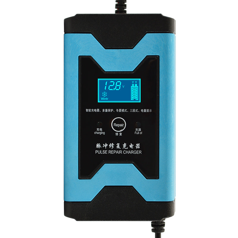 Enusic 12V 6A Pulse Repair LCD Battery Charger Blue For Car Motorcycle Lead Acid Battery Agm Gel Wet