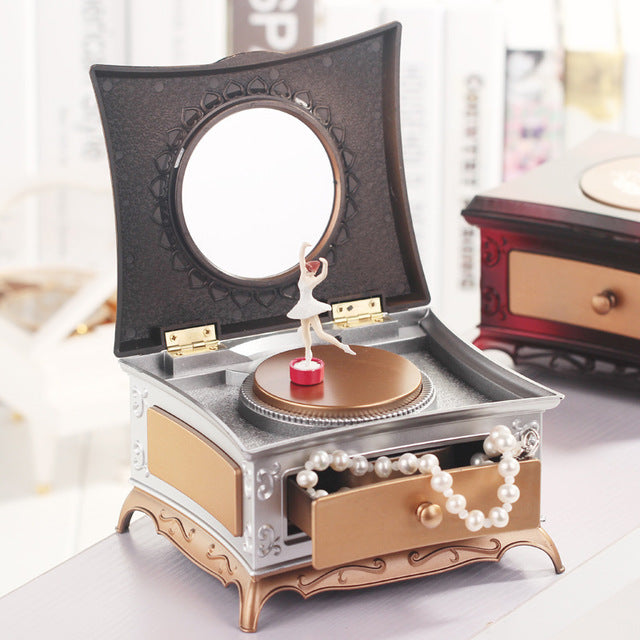 Classical Dressing Table Rotating Girl Music Box With Makeup Mirror Drawer Couple Music Box