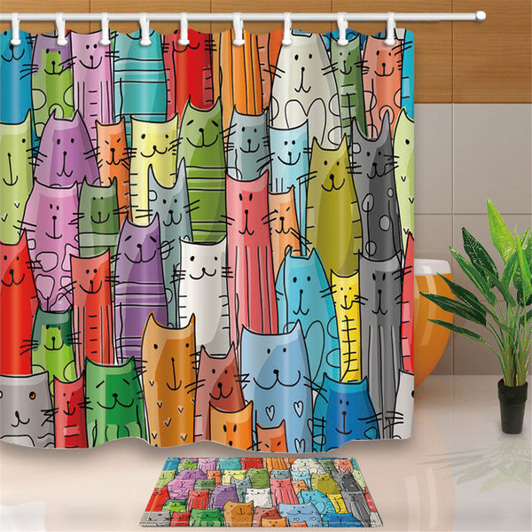 Cartoon Cute Cat Waterproof Polyester Bathroom Decor Shower Curtain & Bath Mat