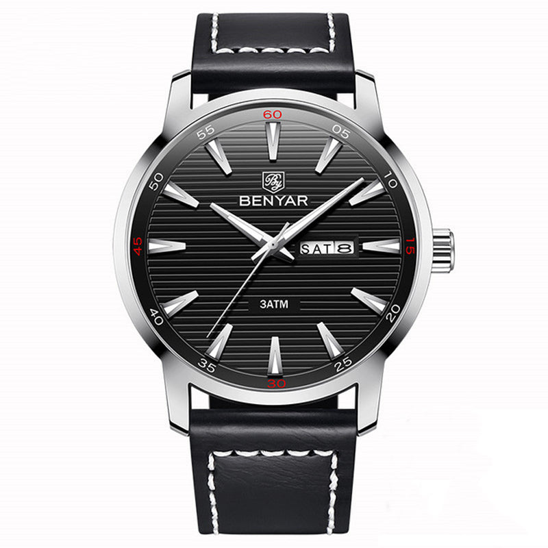 Benyar 5145 Fashion Men Watch Waterproof Automatic Week Display Leather Strap Quartz Watch