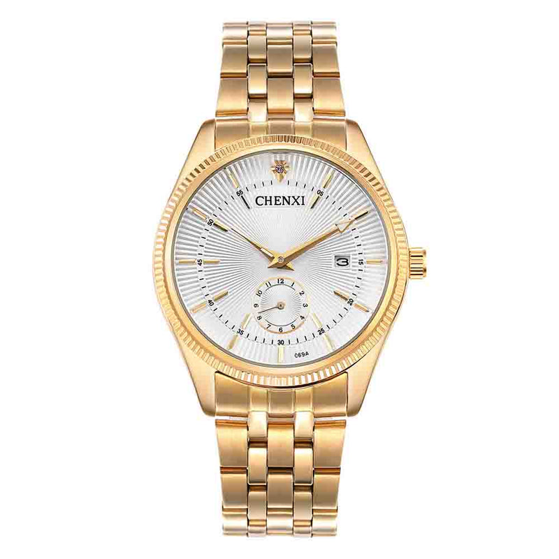 CHENXI 069A Calendar Gold Case Casual Men Watches Stainless Steel Strap Quartz Watch