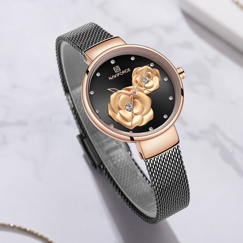NAVIFORCE 5013 Emboss Dial Unique Style Ladies Wrist Watch Mesh Steel Band Quartz Watch