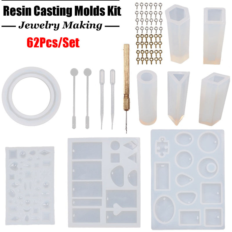 62Pcs/Set Resin Casting Molds Kit Silicone Mold Jewelry Pendant Mould Craft