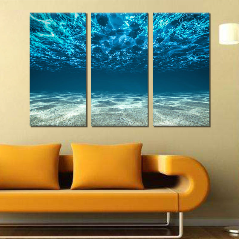 Miico Hand Painted Three Combination Decorative Paintings Light Blue Seawater Wall Art For Home Decoration