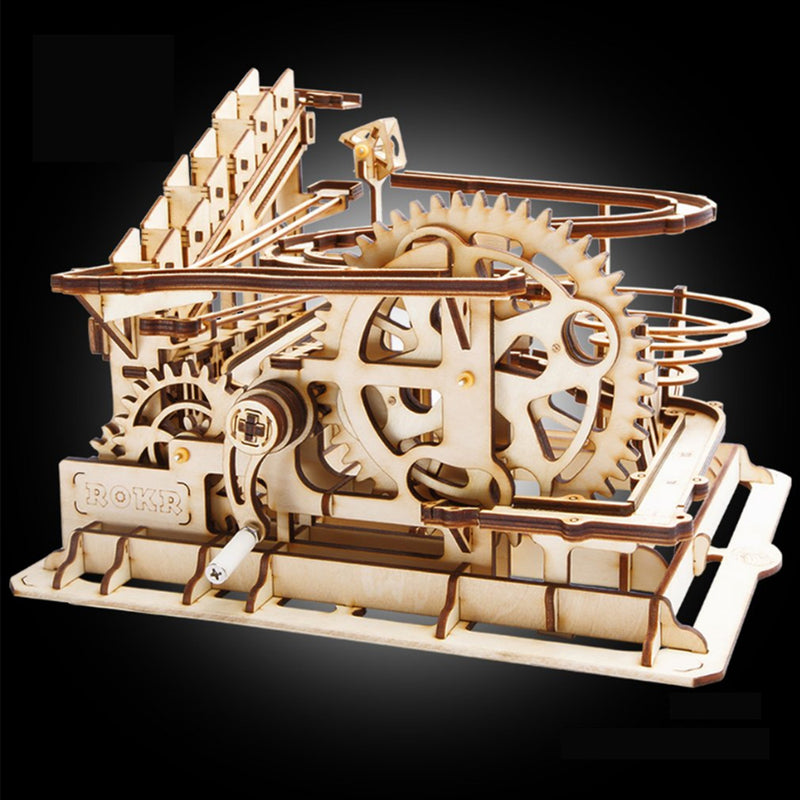 3D Self-Assembly Wooden Marble Run Handcrank Waterwheel Magic Crush Puzzle Building Kits Mechanical Model Gift
