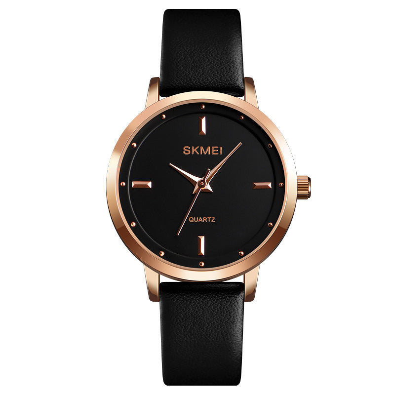 SKMEI 1457 Women Fashion Simple Dial Rose Gold Case Leather Strap Quartz Watch