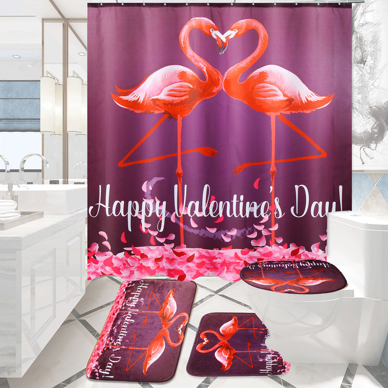 180x180cm Flamingo Valentine's Day Bathroom Shower Curtains Toliet Mat Rug + Hook