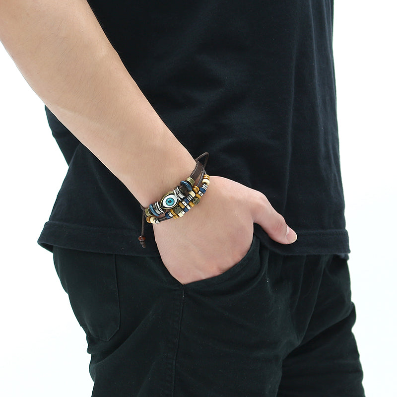 Multilayer Beaded Bracelet Eyeball Hand Woven Artificial Leather Bracelet for Women Men