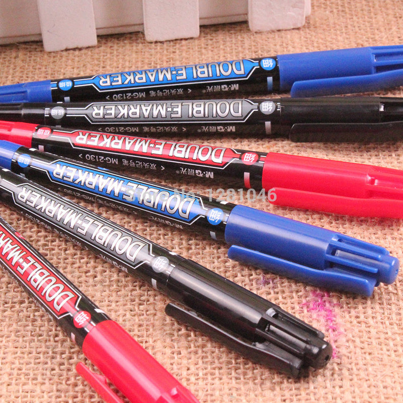M&G MG2130/Y22O4 1 Piece Dual Head Marker Pen Black/Blue/Red Extra Fine Point Oil Ink Liner Twin Mark Pens Office School Supplies