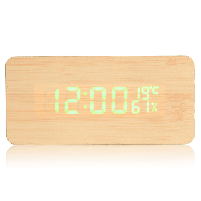 USB Voice Control Wooden Wooden Rectangle Temperature LED Digital Alarm Clock Humidity Thermometer