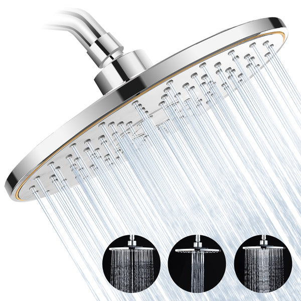 Rainfall Shower Head 3-Settings 8 Inch Large High Pressure Rain Shower Head ABS Polish Chrome Finish With Filter to Anti-clog Anti-leak
