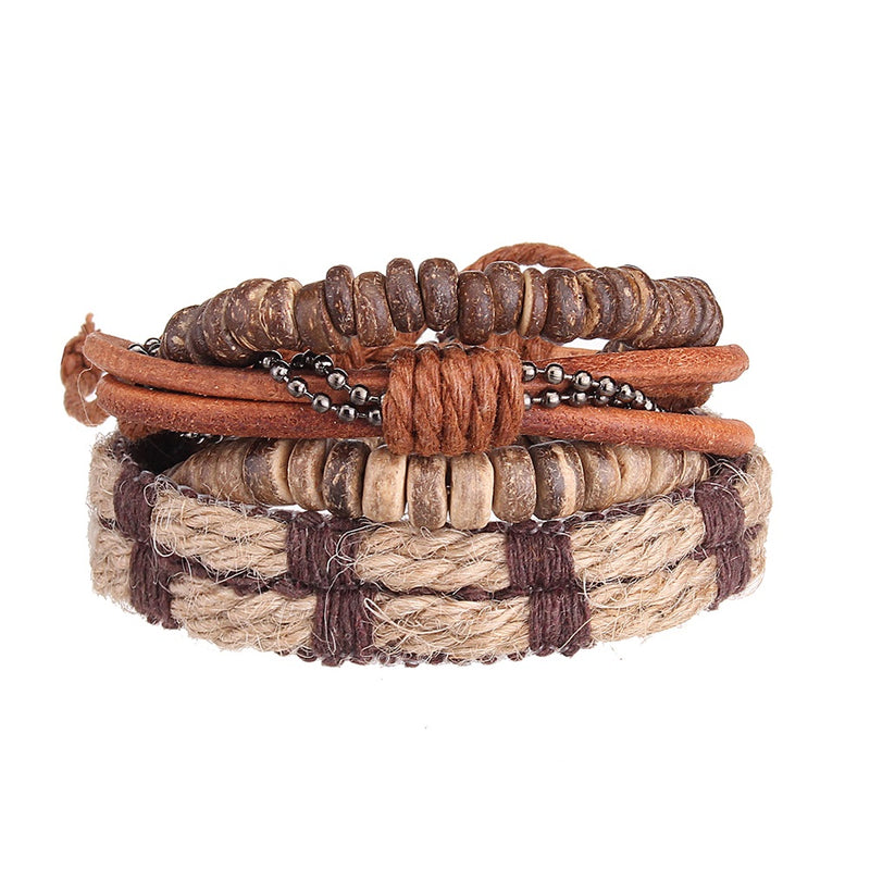 4pcs Men Retro Stretch Cowhide Bracelet Row Set Woven Wristband Fashion Jewelry