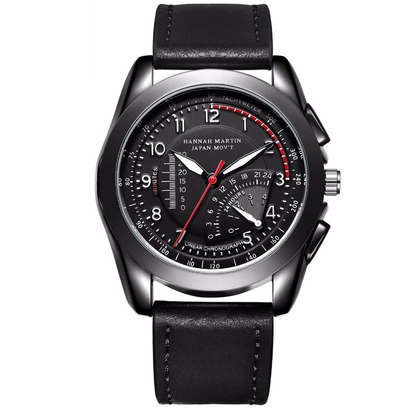 HANNAH MARTIN BN02 Men Quartz Watch Fashion Fake Dial Leather Strap Military Sport Watch