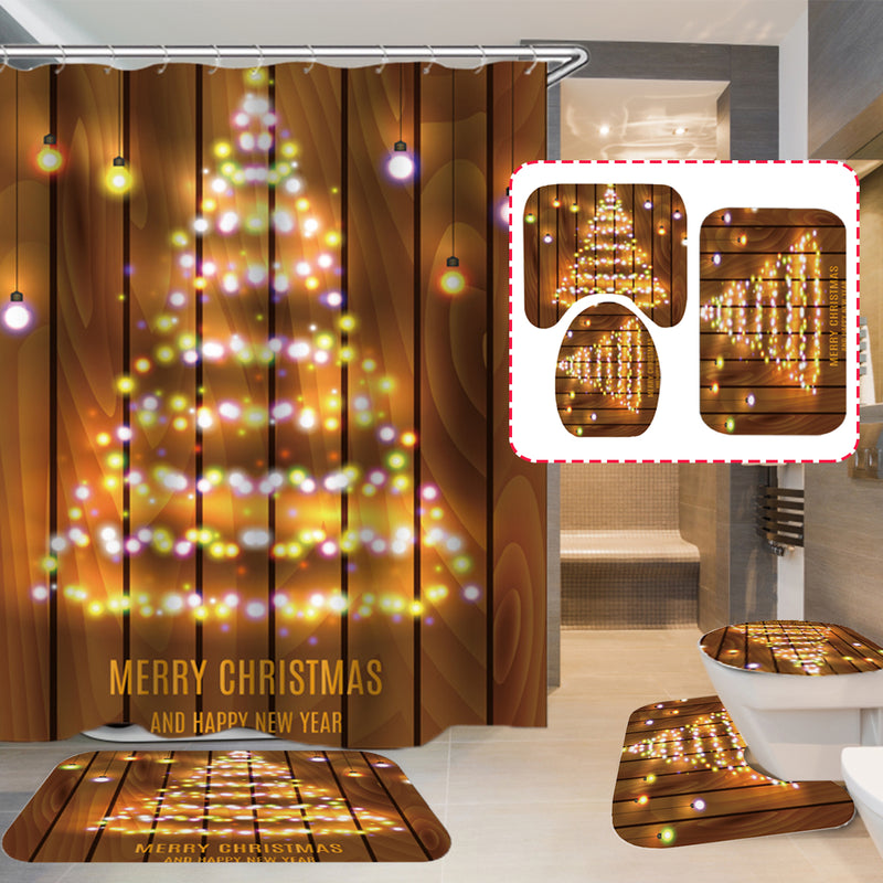 Wooden Strip Christmas Tree Bathroom Shower Curtain Non-slip Mats Toilet Cover