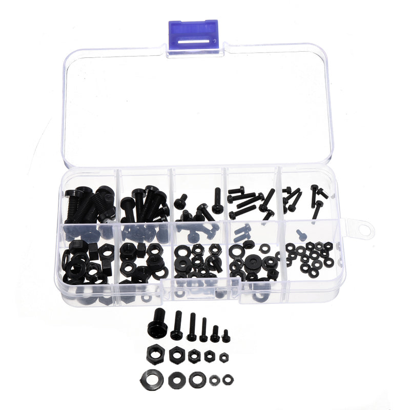 Suleve MXNH2 150Pcs Nylon Black P hillips Pan Head Screw Nut Bolt Washers Assortment Kit M2 M2.5 M3 M4 M5