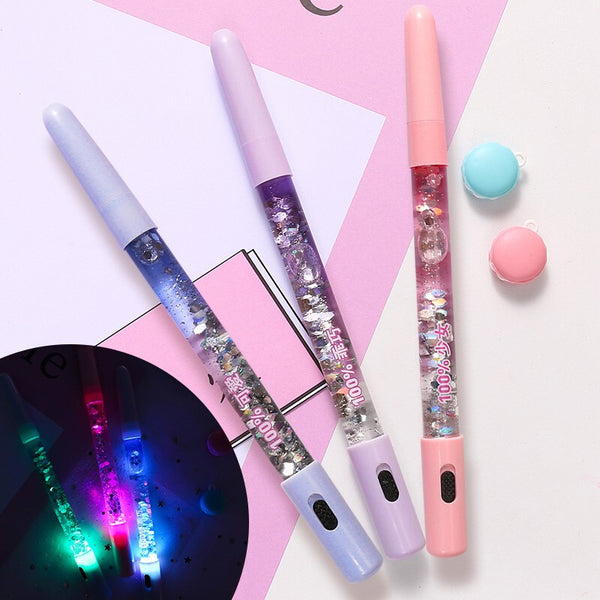 B387 1 Piece Magical Wand Black Ink Gel Pen Fairy Pen Korean Creative Signing Pen Crystal Liquid Sequin Pen Color Flash Night Light Pen