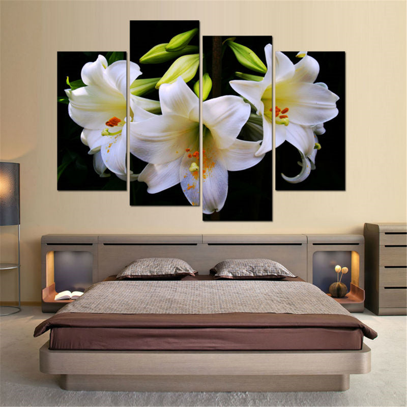 Unframed 4Pcs White Lily Art Cambric Painting Picture Print Home Wall Sticker Decor New