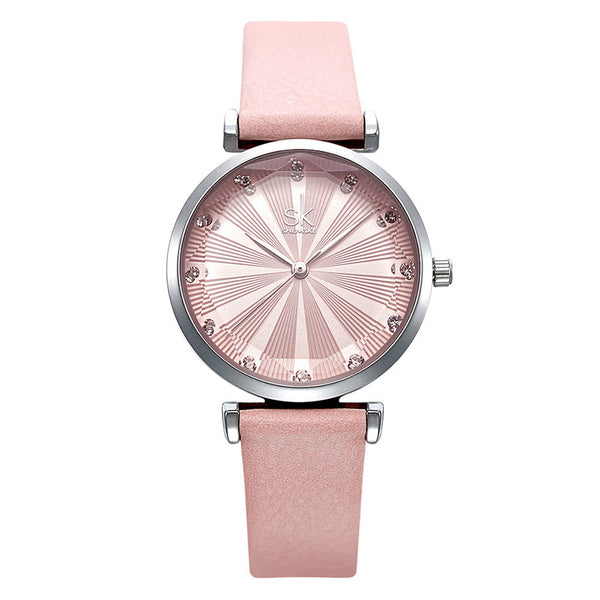 SHENGKE SK K0099 Crystal Radiation Pattern Dial Women Elegant Leather Strap Quartz Watch