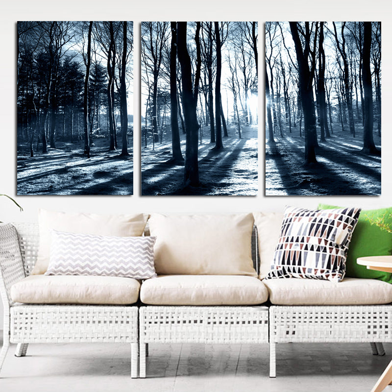 Miico Hand Painted Three Combination Decorative Paintings Woods Under The Moonlight Wall Art For Home Decoration