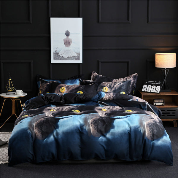 3 PCS Bedding Sets 3D Animal Black Cat Printing Quilt Cover Pillowcase For Full Size