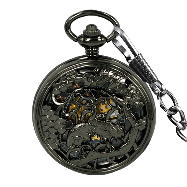 JIJIA JX014 Crane Pattern Hollow Black Bronze Mechanical Pocket Watch