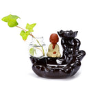 Ceramic Backflow Cone Holder Incense Burner Monk Smoke Buddhist Scents + Glass Pot
