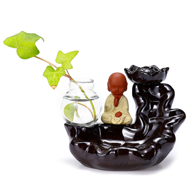 Ceramic Backflow Cone Holder Incense Burner Monk Smoke Buddhist Scents + Glass Pot