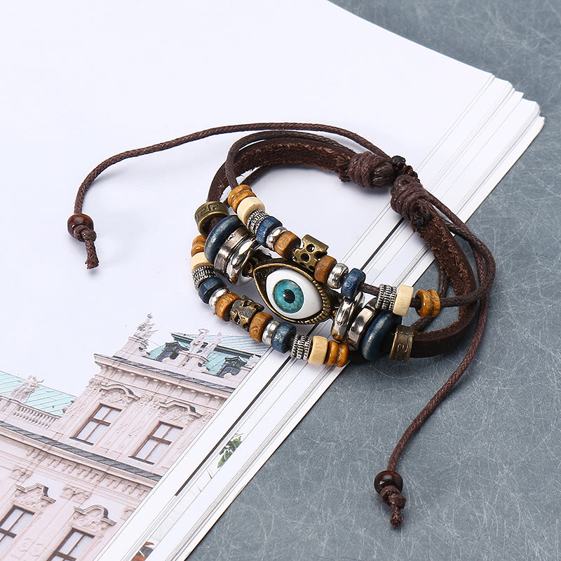 Multilayer Beaded Bracelet Eyeball Hand Woven Artificial Leather Bracelet for Women Men