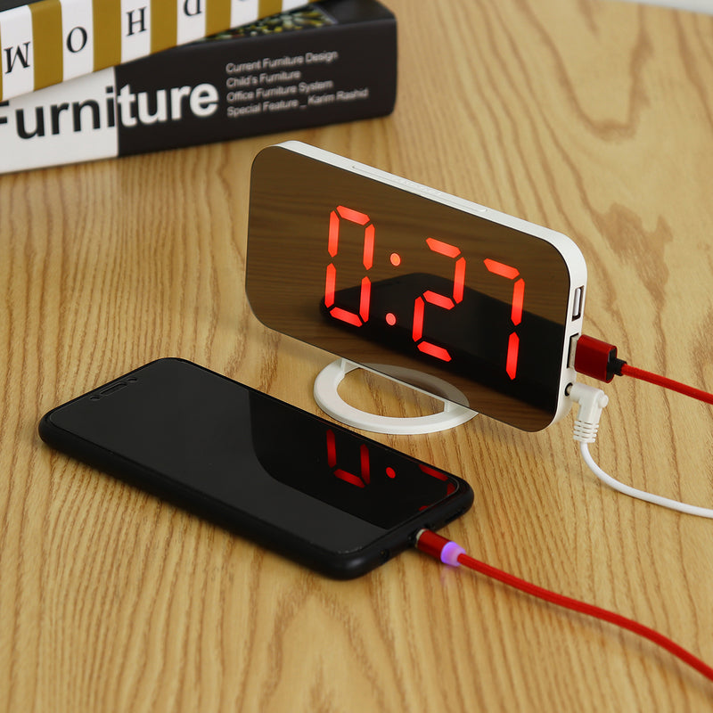 Dual USB Charger Digital LED Mirror Display Alarm Clock