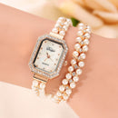 DUOYA Women Pearl Bracelet Round Square Crystal Case Quartz Watch