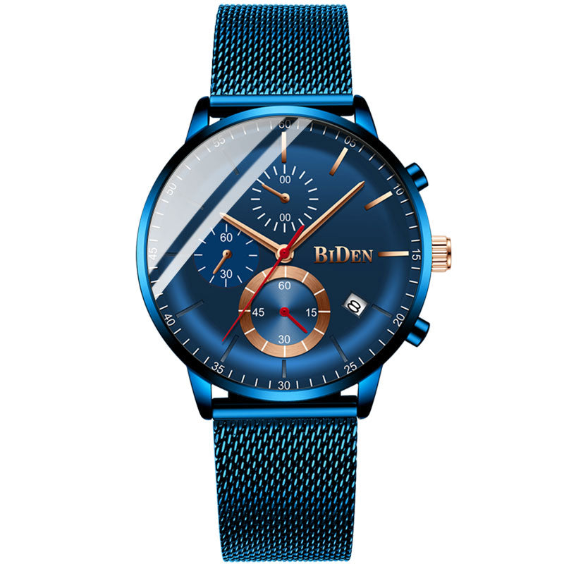 BIDEN BD0179 Chronograph Date Display Men Wristwatch Mesh Steel Band Quartz Watch