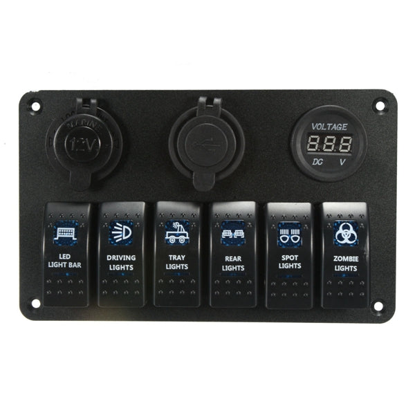 6 Gang LED Rocker Switch USB Charger Socket Volt Meter Panel For Car Marine Boat