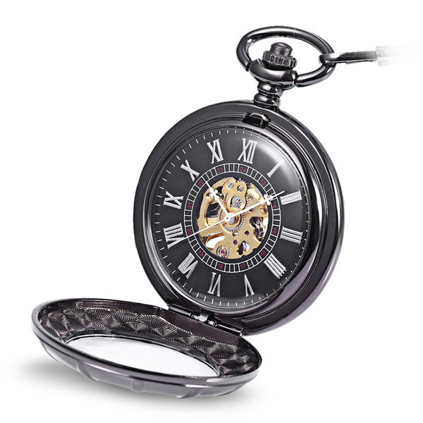JIJIA JX017 Self-wind Mechanical Chain Black Alloy Case Pocket Watch