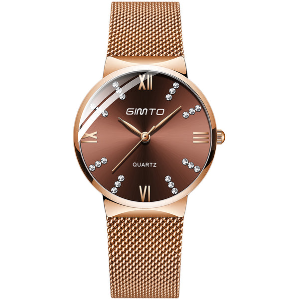 GIMTO GM616 Crystal Colorful Dial Fashion Rose Gold Mesh Steel Strap Casual Women Quartz Watch