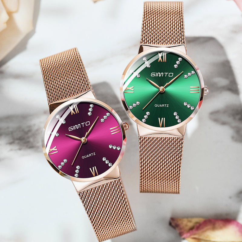 GIMTO GM616 Crystal Colorful Dial Fashion Rose Gold Mesh Steel Strap Casual Women Quartz Watch