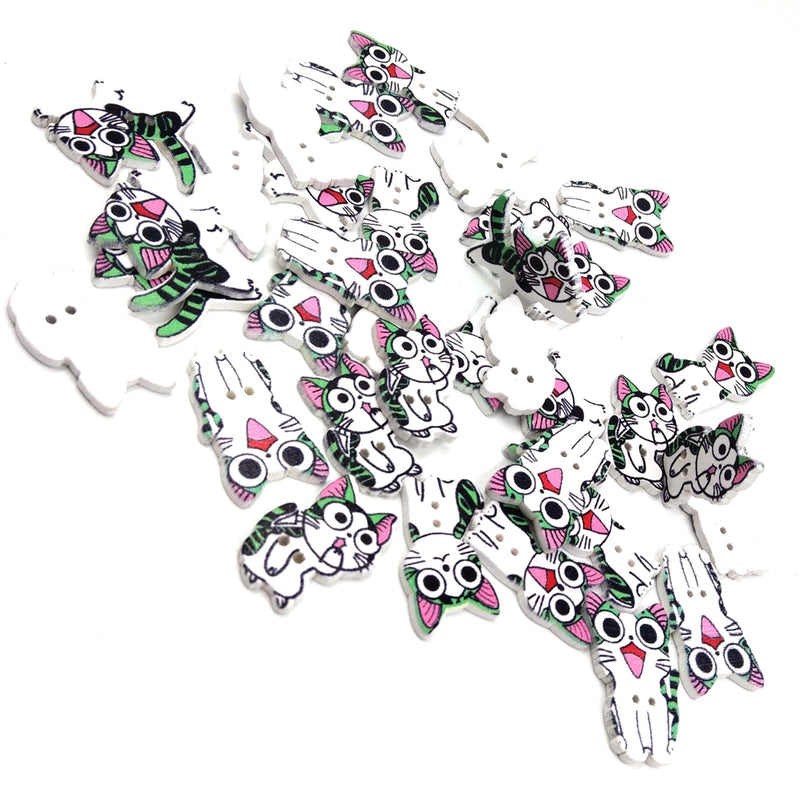50PCS 21-26MM DIY Animal Wood Buttons Painted Cute Cat Hand-sewing Decorative Other Crafts Accessori