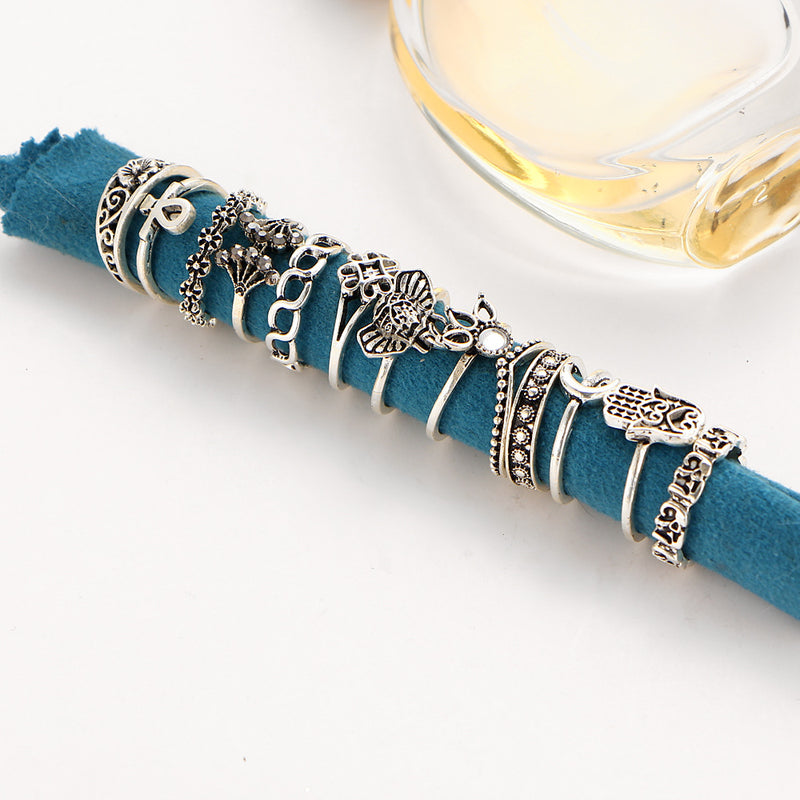 13 Pcs Women's Retro Carved Hollow Elephant Palm Mosaic Lotus Rhinestone Rings
