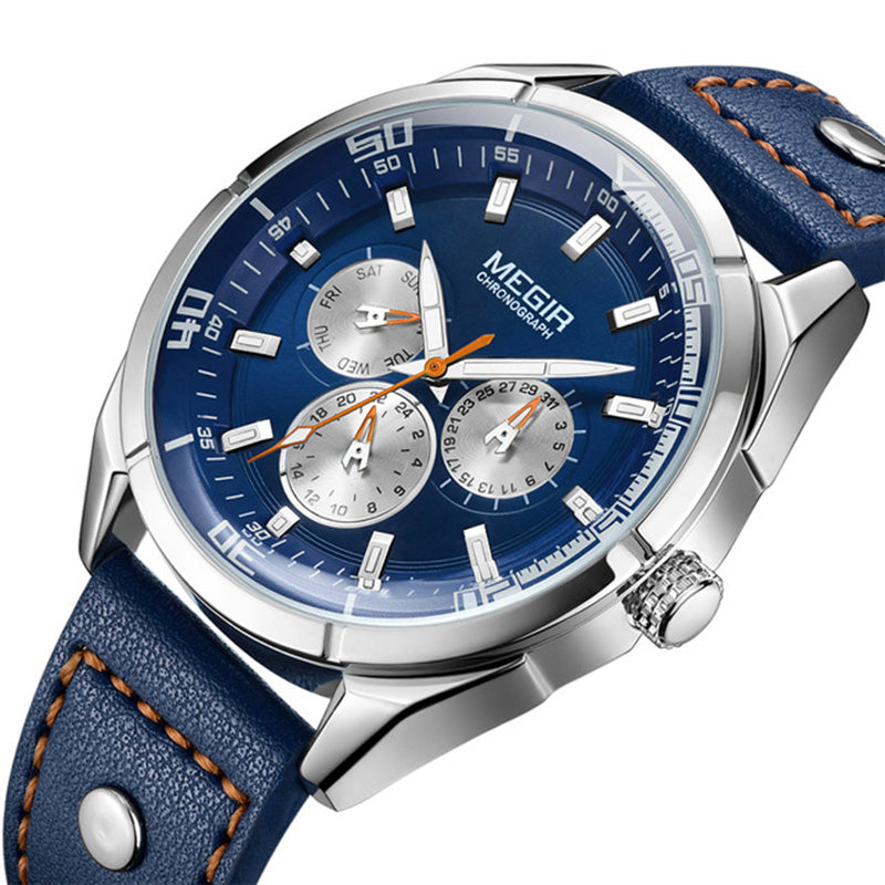 MEGIR ML2072G Men Watch Luminous Display Calendar Watch Leather Sport Style Quartz Wristwatches